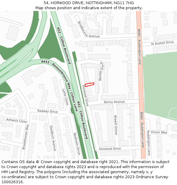 54, HORWOOD DRIVE, NOTTINGHAM, NG11 7HG: Location map and indicative extent of plot