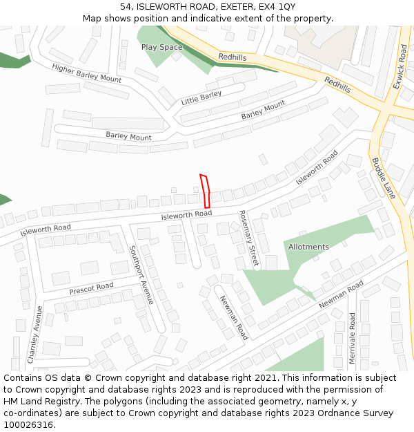 54, ISLEWORTH ROAD, EXETER, EX4 1QY: Location map and indicative extent of plot