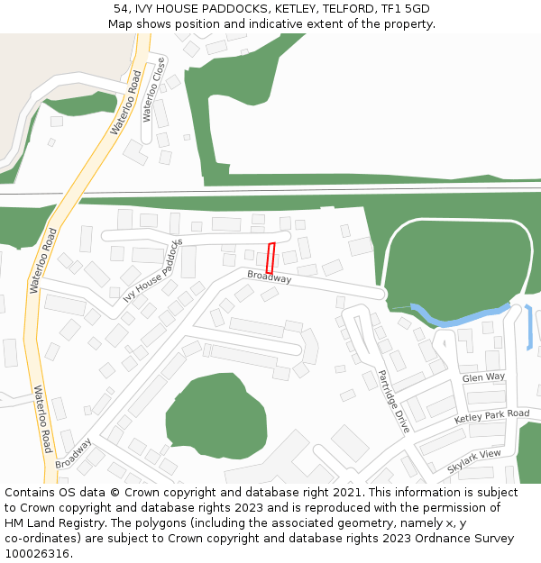 54, IVY HOUSE PADDOCKS, KETLEY, TELFORD, TF1 5GD: Location map and indicative extent of plot