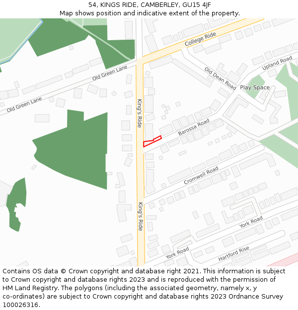 54, KINGS RIDE, CAMBERLEY, GU15 4JF: Location map and indicative extent of plot