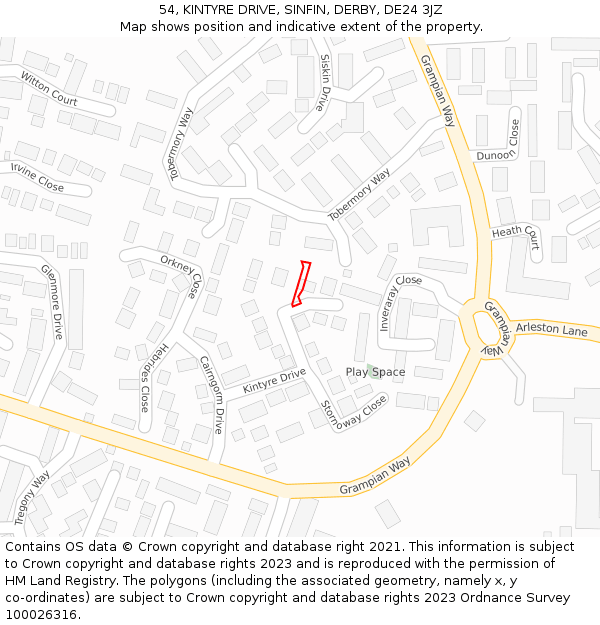 54, KINTYRE DRIVE, SINFIN, DERBY, DE24 3JZ: Location map and indicative extent of plot