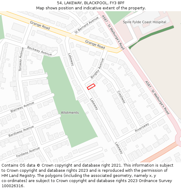 54, LAKEWAY, BLACKPOOL, FY3 8PF: Location map and indicative extent of plot