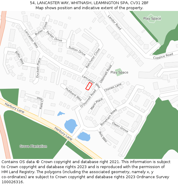 54, LANCASTER WAY, WHITNASH, LEAMINGTON SPA, CV31 2BF: Location map and indicative extent of plot