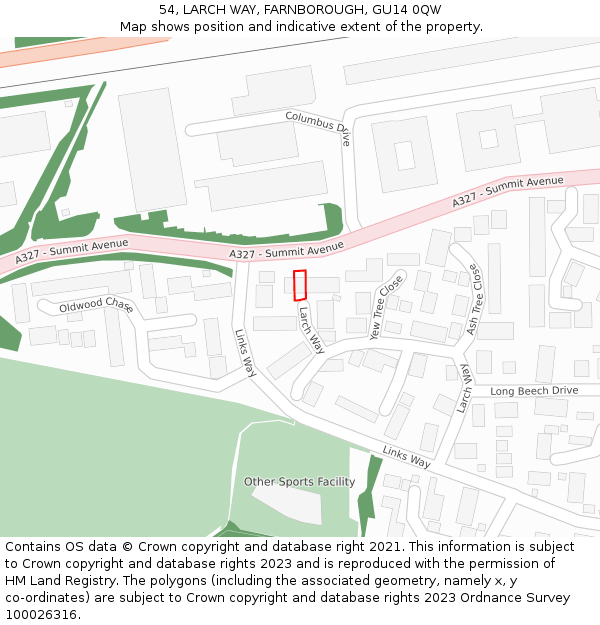 54, LARCH WAY, FARNBOROUGH, GU14 0QW: Location map and indicative extent of plot