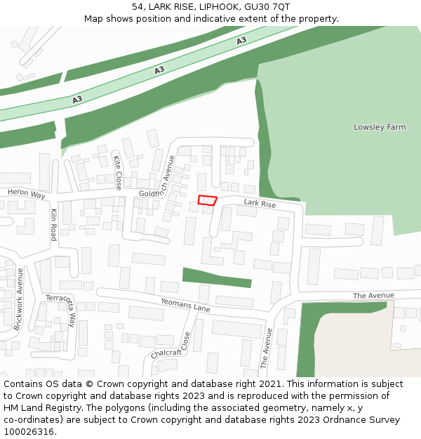 54, LARK RISE, LIPHOOK, GU30 7QT: Location map and indicative extent of plot