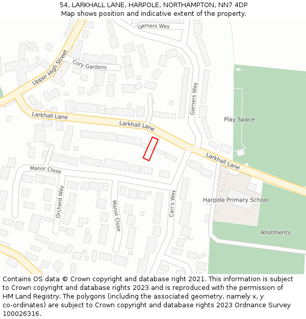 54, LARKHALL LANE, HARPOLE, NORTHAMPTON, NN7 4DP: Location map and indicative extent of plot