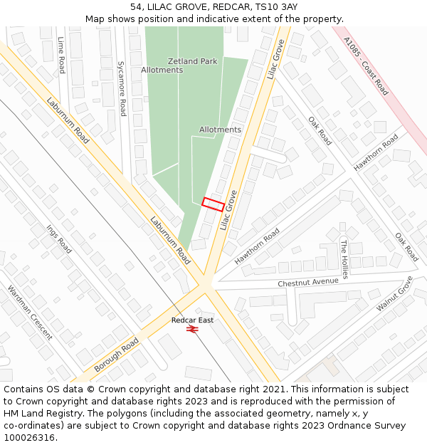 54, LILAC GROVE, REDCAR, TS10 3AY: Location map and indicative extent of plot