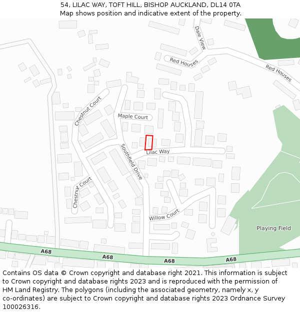 54, LILAC WAY, TOFT HILL, BISHOP AUCKLAND, DL14 0TA: Location map and indicative extent of plot