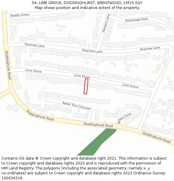 54, LIME GROVE, DODDINGHURST, BRENTWOOD, CM15 0QY: Location map and indicative extent of plot