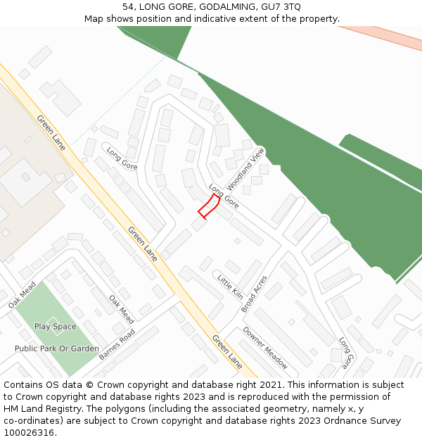 54, LONG GORE, GODALMING, GU7 3TQ: Location map and indicative extent of plot