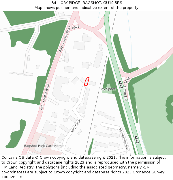 54, LORY RIDGE, BAGSHOT, GU19 5BS: Location map and indicative extent of plot