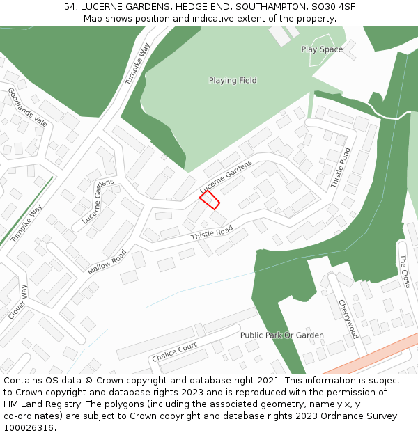 54, LUCERNE GARDENS, HEDGE END, SOUTHAMPTON, SO30 4SF: Location map and indicative extent of plot