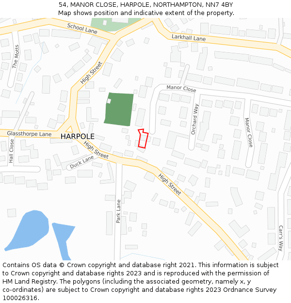 54, MANOR CLOSE, HARPOLE, NORTHAMPTON, NN7 4BY: Location map and indicative extent of plot