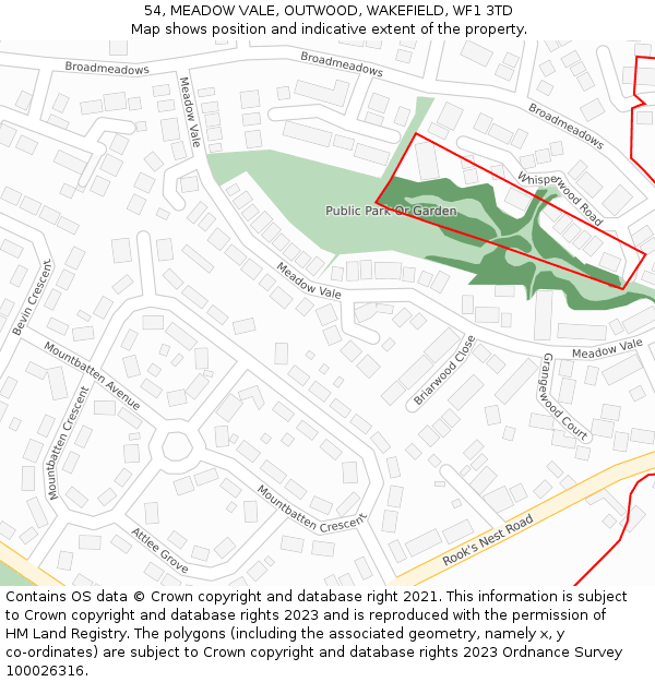 54, MEADOW VALE, OUTWOOD, WAKEFIELD, WF1 3TD: Location map and indicative extent of plot