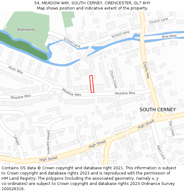 54, MEADOW WAY, SOUTH CERNEY, CIRENCESTER, GL7 6HY: Location map and indicative extent of plot