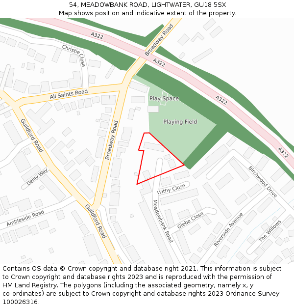 54, MEADOWBANK ROAD, LIGHTWATER, GU18 5SX: Location map and indicative extent of plot