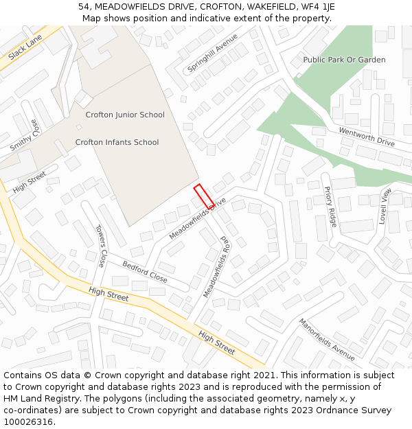 54, MEADOWFIELDS DRIVE, CROFTON, WAKEFIELD, WF4 1JE: Location map and indicative extent of plot