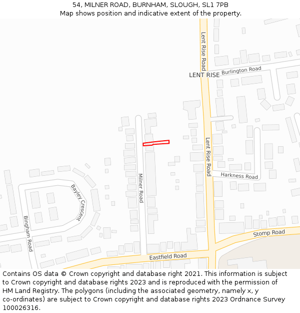 54, MILNER ROAD, BURNHAM, SLOUGH, SL1 7PB: Location map and indicative extent of plot