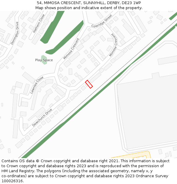 54, MIMOSA CRESCENT, SUNNYHILL, DERBY, DE23 1WP: Location map and indicative extent of plot