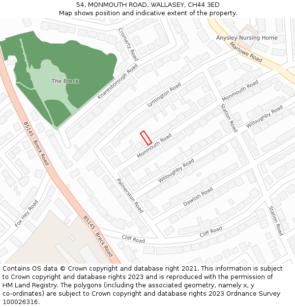 54, MONMOUTH ROAD, WALLASEY, CH44 3ED: Location map and indicative extent of plot