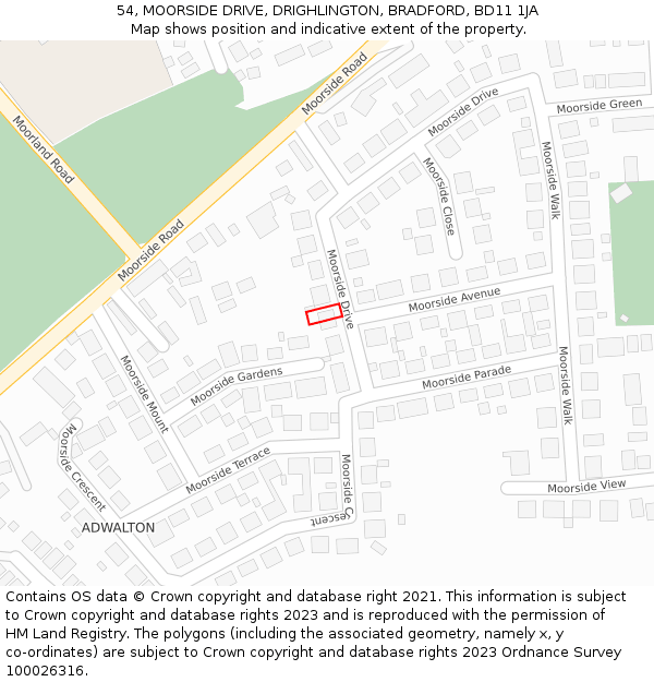 54, MOORSIDE DRIVE, DRIGHLINGTON, BRADFORD, BD11 1JA: Location map and indicative extent of plot