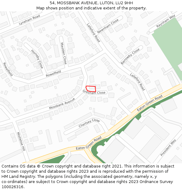 54, MOSSBANK AVENUE, LUTON, LU2 9HH: Location map and indicative extent of plot