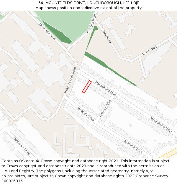 54, MOUNTFIELDS DRIVE, LOUGHBOROUGH, LE11 3JE: Location map and indicative extent of plot