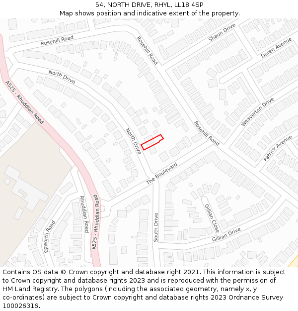 54, NORTH DRIVE, RHYL, LL18 4SP: Location map and indicative extent of plot