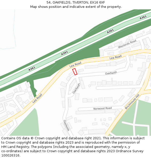 54, OAKFIELDS, TIVERTON, EX16 6XF: Location map and indicative extent of plot