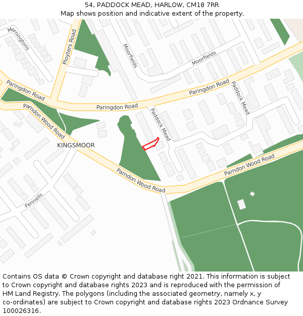 54, PADDOCK MEAD, HARLOW, CM18 7RR: Location map and indicative extent of plot