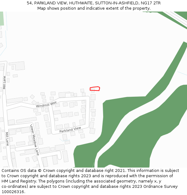 54, PARKLAND VIEW, HUTHWAITE, SUTTON-IN-ASHFIELD, NG17 2TR: Location map and indicative extent of plot