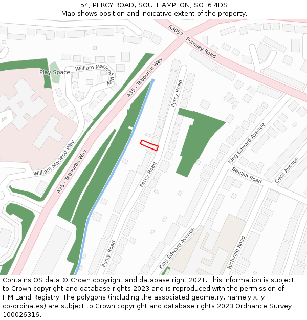 54, PERCY ROAD, SOUTHAMPTON, SO16 4DS: Location map and indicative extent of plot