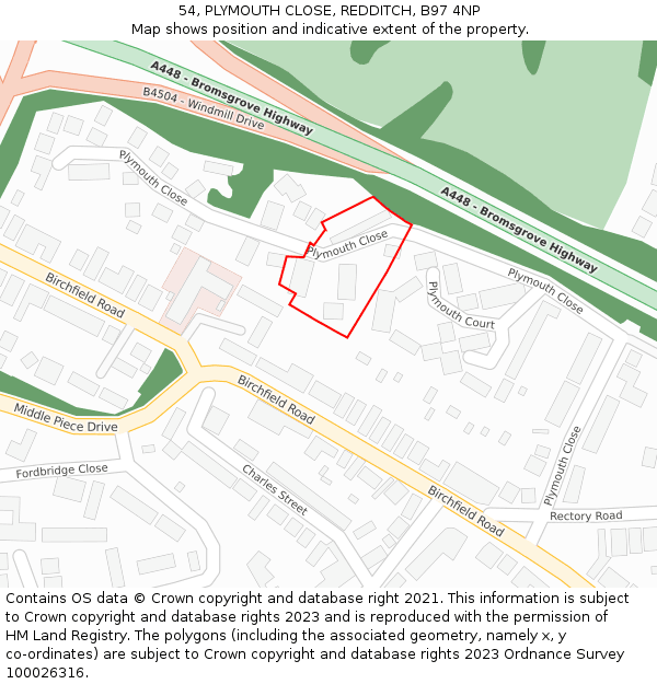 54, PLYMOUTH CLOSE, REDDITCH, B97 4NP: Location map and indicative extent of plot