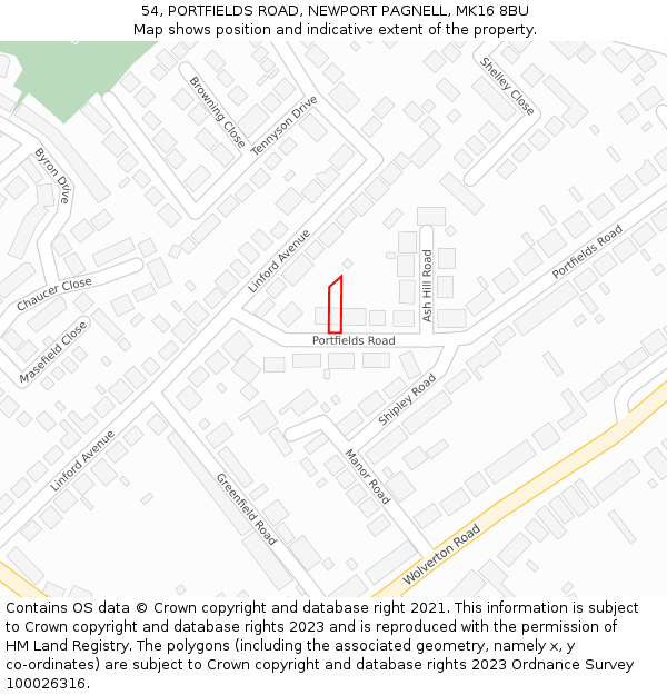 54, PORTFIELDS ROAD, NEWPORT PAGNELL, MK16 8BU: Location map and indicative extent of plot