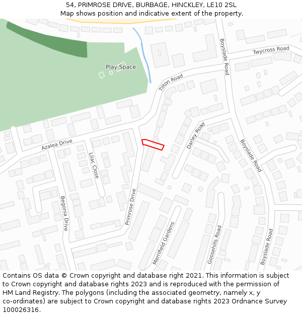 54, PRIMROSE DRIVE, BURBAGE, HINCKLEY, LE10 2SL: Location map and indicative extent of plot