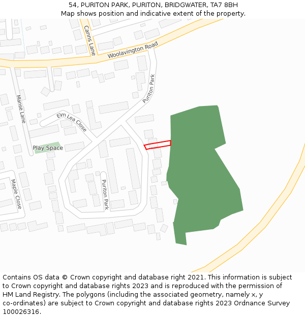 54, PURITON PARK, PURITON, BRIDGWATER, TA7 8BH: Location map and indicative extent of plot