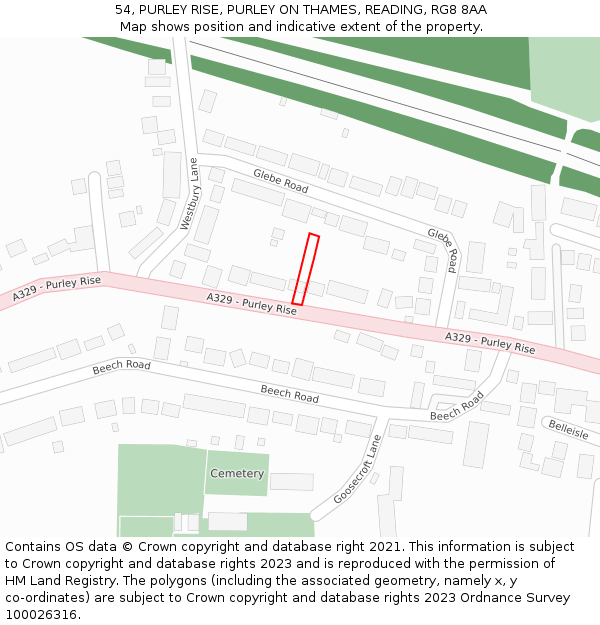 54, PURLEY RISE, PURLEY ON THAMES, READING, RG8 8AA: Location map and indicative extent of plot