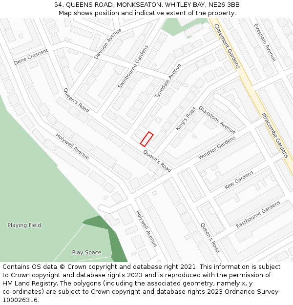 54, QUEENS ROAD, MONKSEATON, WHITLEY BAY, NE26 3BB: Location map and indicative extent of plot