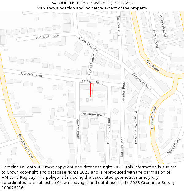 54, QUEENS ROAD, SWANAGE, BH19 2EU: Location map and indicative extent of plot