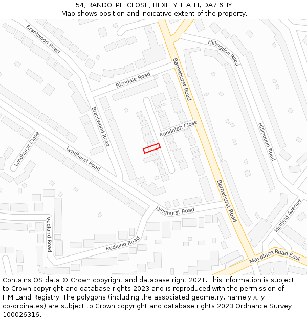 54, RANDOLPH CLOSE, BEXLEYHEATH, DA7 6HY: Location map and indicative extent of plot