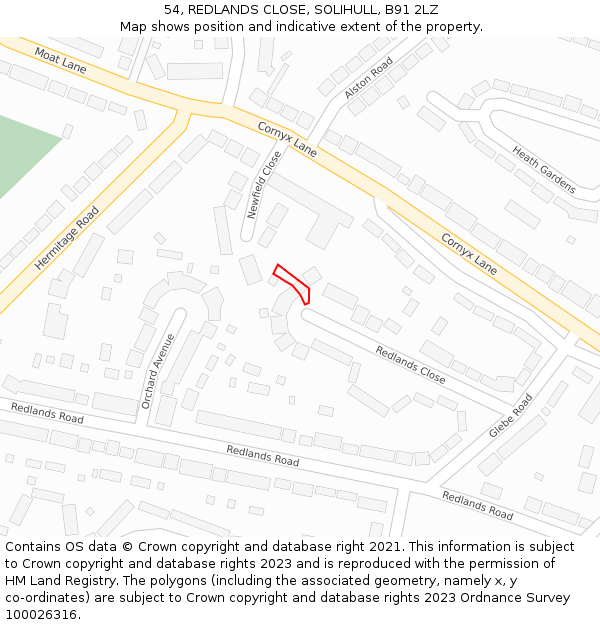 54, REDLANDS CLOSE, SOLIHULL, B91 2LZ: Location map and indicative extent of plot