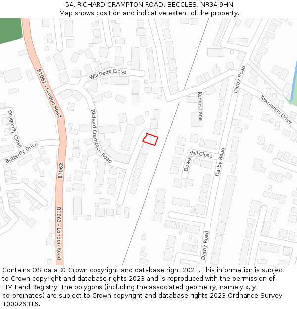 54, RICHARD CRAMPTON ROAD, BECCLES, NR34 9HN: Location map and indicative extent of plot