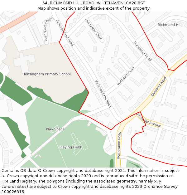 54, RICHMOND HILL ROAD, WHITEHAVEN, CA28 8ST: Location map and indicative extent of plot