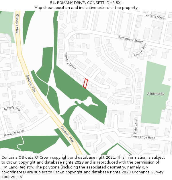 54, ROMANY DRIVE, CONSETT, DH8 5XL: Location map and indicative extent of plot