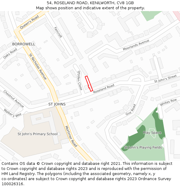 54, ROSELAND ROAD, KENILWORTH, CV8 1GB: Location map and indicative extent of plot