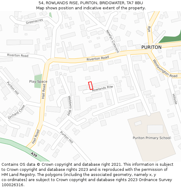 54, ROWLANDS RISE, PURITON, BRIDGWATER, TA7 8BU: Location map and indicative extent of plot