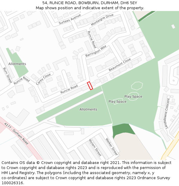 54, RUNCIE ROAD, BOWBURN, DURHAM, DH6 5EY: Location map and indicative extent of plot