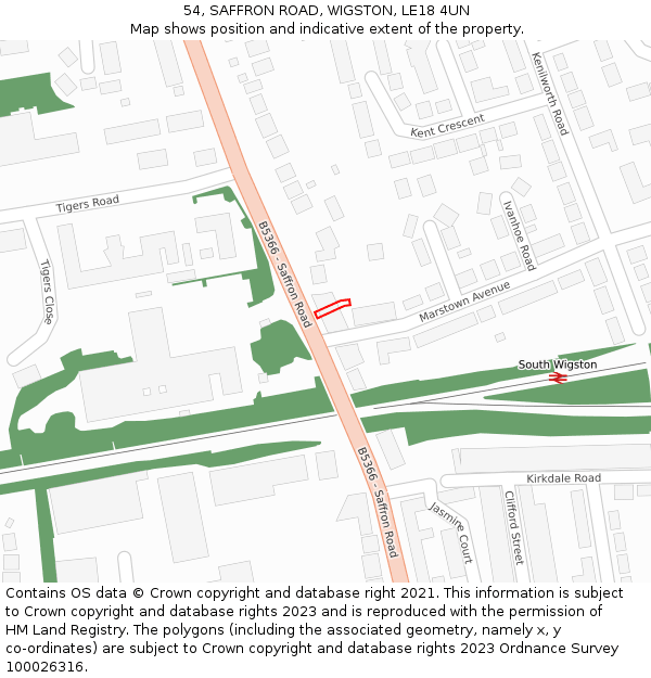 54, SAFFRON ROAD, WIGSTON, LE18 4UN: Location map and indicative extent of plot