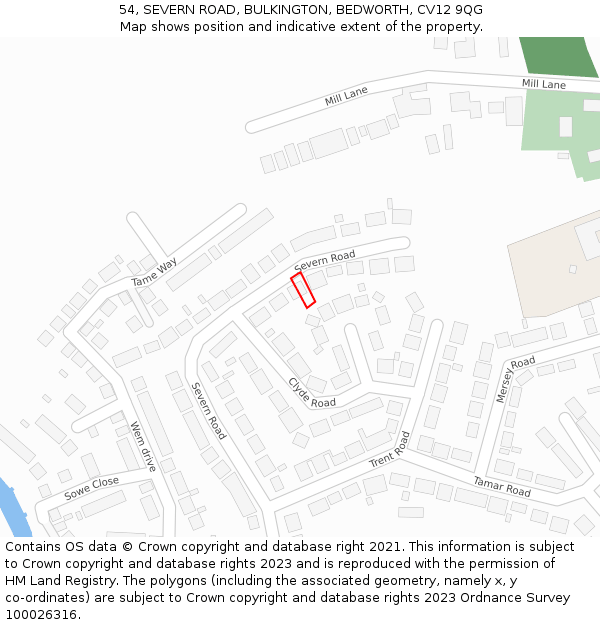 54, SEVERN ROAD, BULKINGTON, BEDWORTH, CV12 9QG: Location map and indicative extent of plot