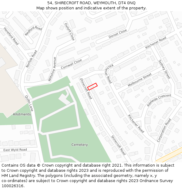 54, SHIRECROFT ROAD, WEYMOUTH, DT4 0NQ: Location map and indicative extent of plot